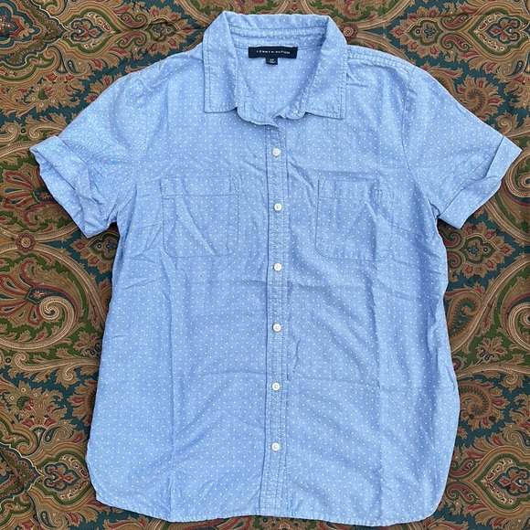 Tommy Hilfiger Tops - Tommy Hilfiger cuffed shortsleeve button down shirt blue w white dots Petite S